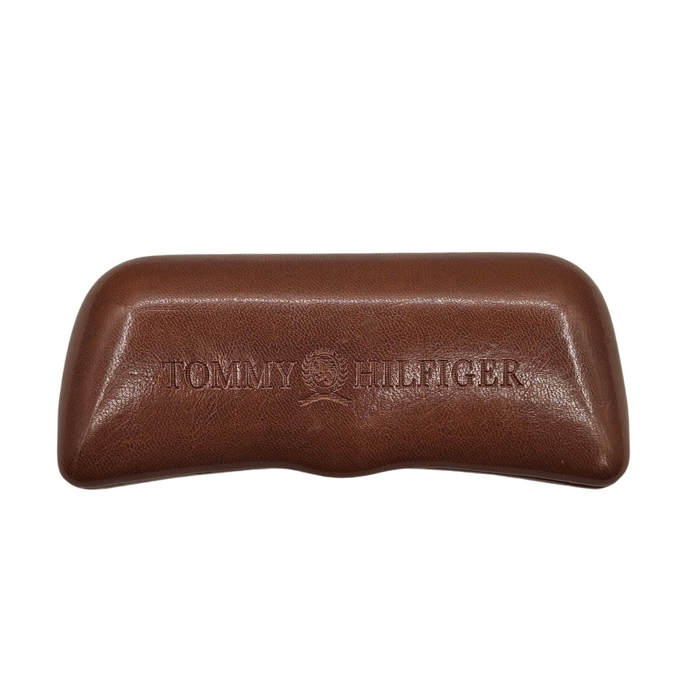 Tommy Hilfiger Brown Faux Leather Hard Eyeglass Case Navy Blue Velvet Lining
